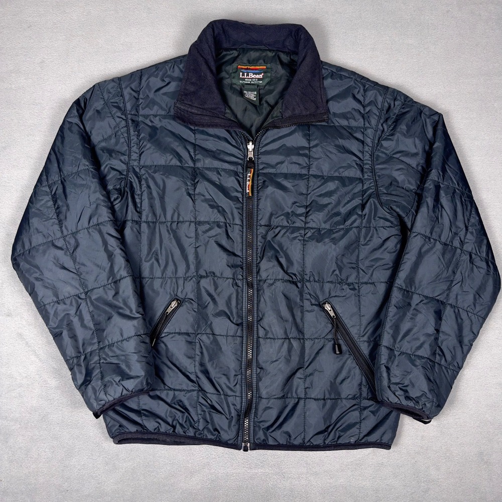 LL Bean Primaloft Quilted Insulated Jacket Navy Cord‎ Collar Full Zip Mens M